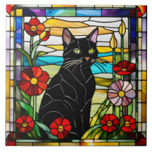 Cute Black Cat Stained Glass Decorative Tile