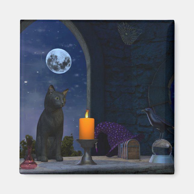 Cute Black Cat Staring at a Candle Magnet (Front)