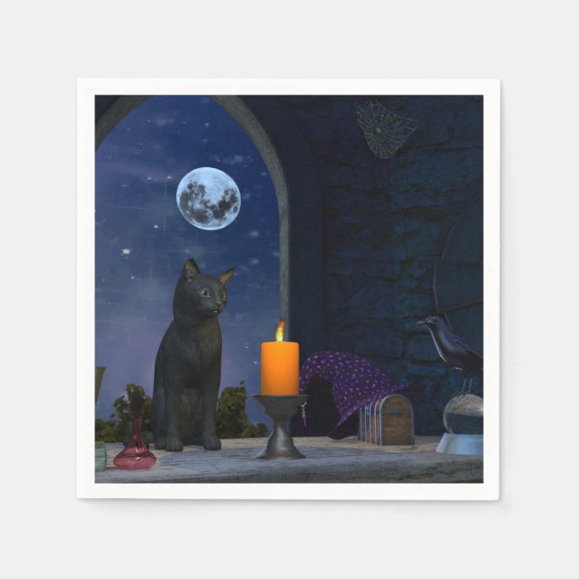 Cute Black Cat Staring at a Candle Napkin (Front)