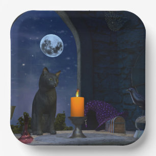 Cute Black Cat Staring at a Candle Paper Plate