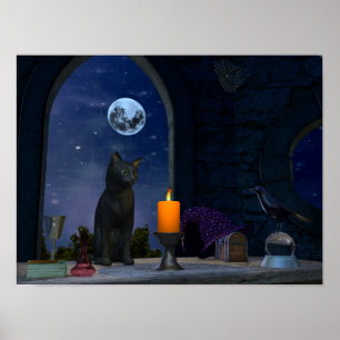 Cute Black Cat Staring at a Candle Poster