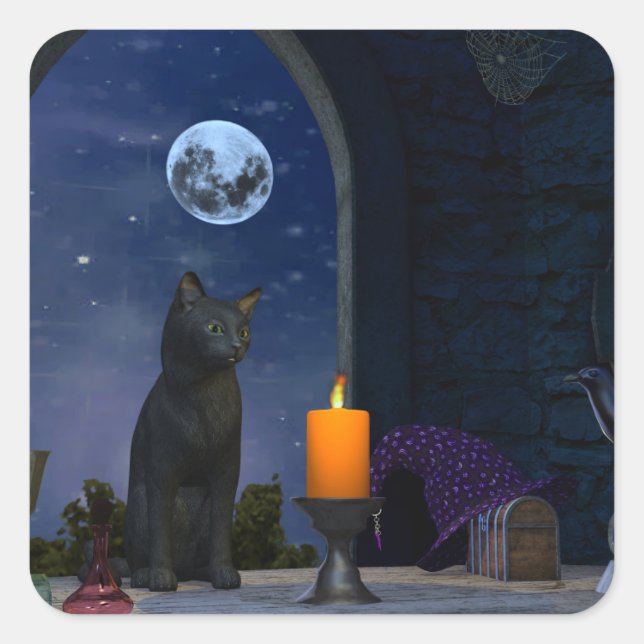 Cute Black Cat Staring at a Candle Square Sticker (Front)