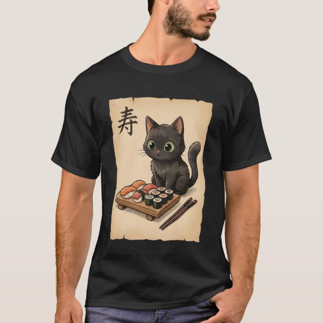 Cute Black Cat Sushi Cartoon Japanese Kawaii Anime T-Shirt (Front)