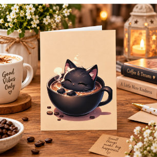 Cute black cat swim into coffee mug greeting card