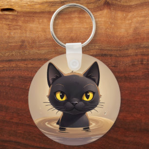 Cute Black Cat Swimming Decorative Art Key Ring