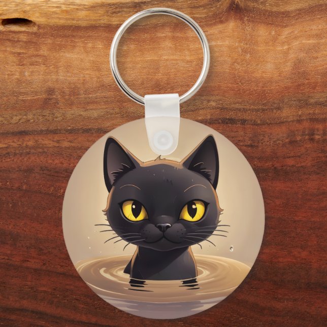 Cute Black Cat Swimming Decorative Art Key Ring (Back)