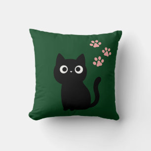 Cute Black Cat Throw Pillow Dark Green Kawaii De