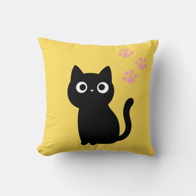 Cute Black Cat Throw Pillow | Kawaii Yellow Decora (Front)