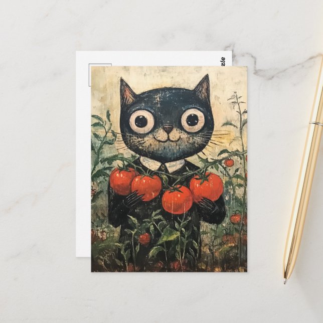 Cute Black Cat Tomato Gardener Postcard (Front/Back In Situ)