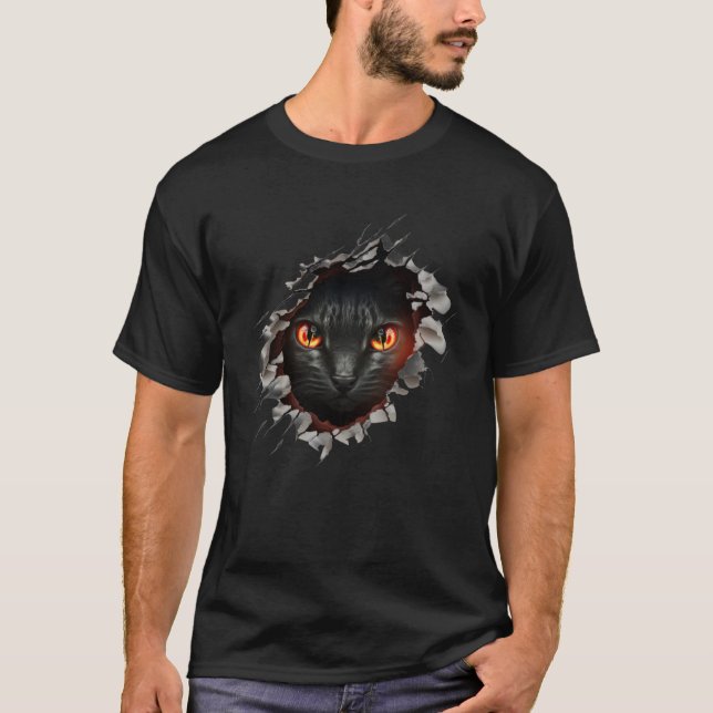 Cute Black Cat Torn Hole T-Shirt (Front)