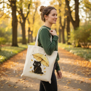Cute Black Cat Tote Bag with Yellow Umbrella