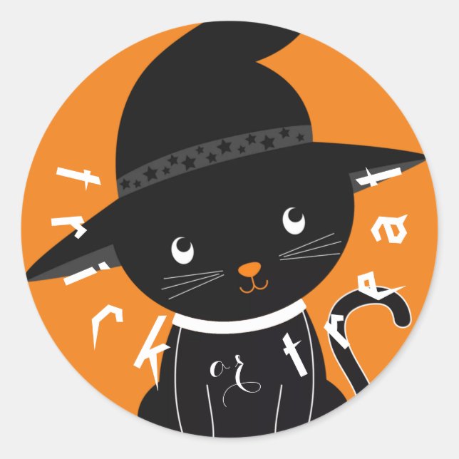 Cute Black Cat Trick or Treat Halloween Classic Round Sticker (Front)
