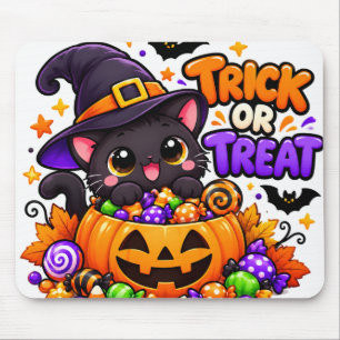 Cute Black Cat Trick or Treat Halloween Sticker Mouse Mat