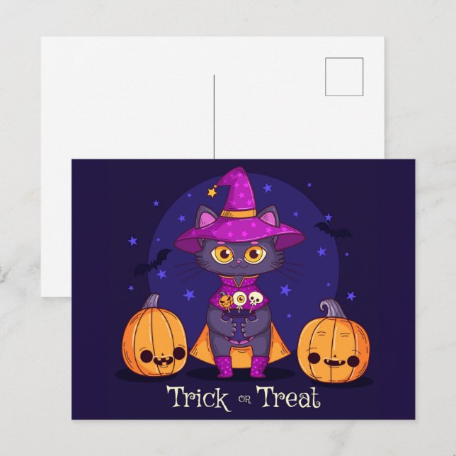 Cute Black Cat Trick or Treat Postcard (Front/Back)