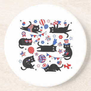 Cute Black Cat USA Flag Firework Patriotic 4th of Coaster