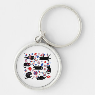 Cute Black Cat USA Flag Firework Patriotic 4th of Key Ring