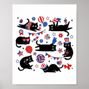 Cute Black Cat Usa Flag Firework Patriotic 4th Of Poster