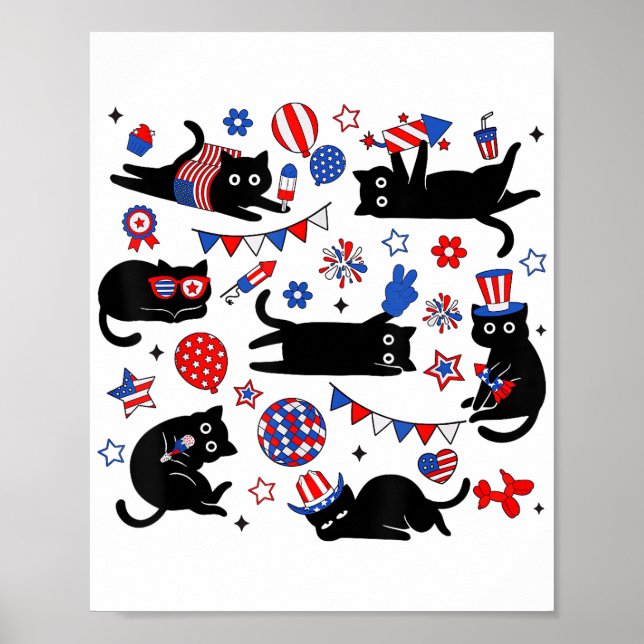 Cute Black Cat USA Flag Firework Patriotic 4th of  Poster (Front)
