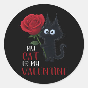 Cute Black Cat Valentine's Day Rose Classic Round Sticker