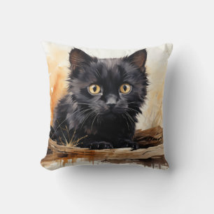 Cute Black Cat Watercolor Art Cushion
