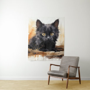 Cute Black Cat Watercolor Art Tapestry