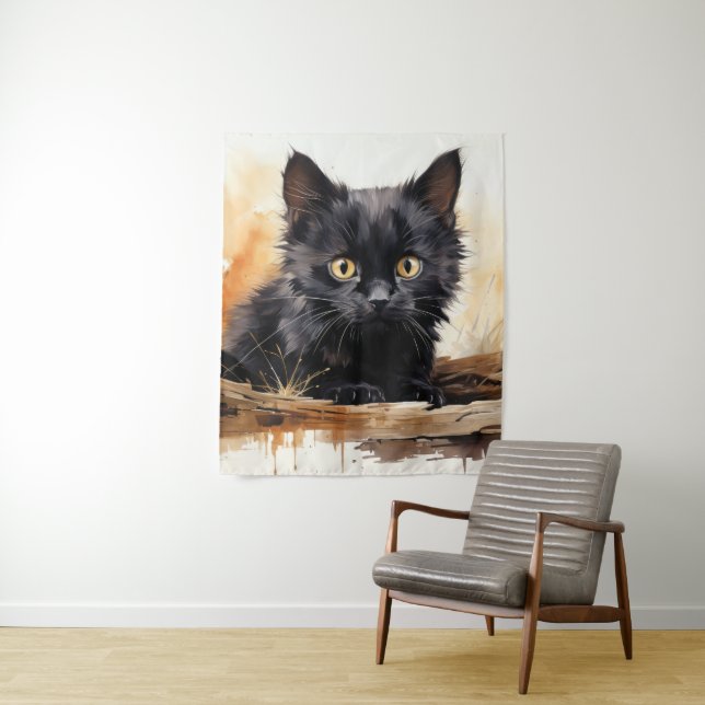 Cute Black Cat Watercolor Art Tapestry (In Situ)