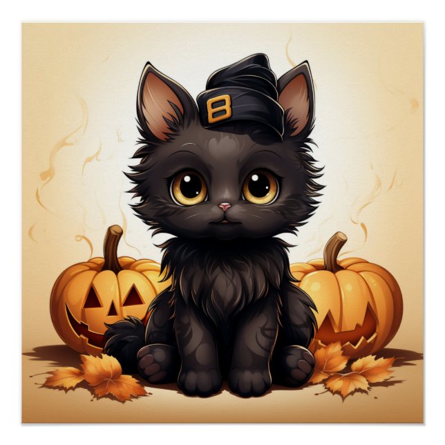 Cute Black Cat wearing a black hat with Pumpkins Poster (Front)