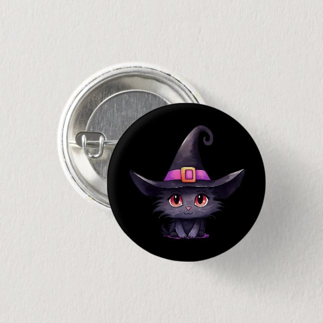 Cute Black Cat Wearing a Witch's Hat 3 Cm Round Badge (Front & Back)