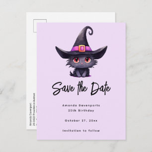 Cute Black Cat Wearing a Witch's Hat Announcement Postcard