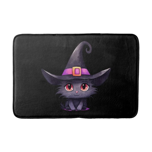 Cute Black Cat Wearing a Witch's Hat Bath Mat (Front)