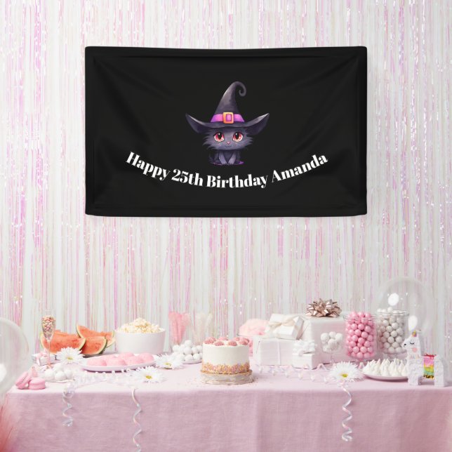 Cute Black Cat Wearing a Witch's Hat Birthday Banner (Party)