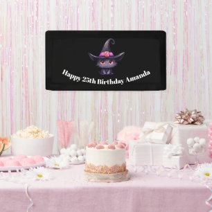 Cute Black Cat Wearing a Witch's Hat Birthday Banner