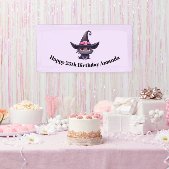 Cute Black Cat Wearing a Witch's Hat Birthday Banner (Party)