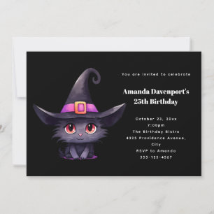 Cute Black Cat Wearing a Witch's Hat Birthday Invitation