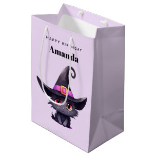 Cute Black Cat Wearing a Witch's Hat Birthday Medium Gift Bag