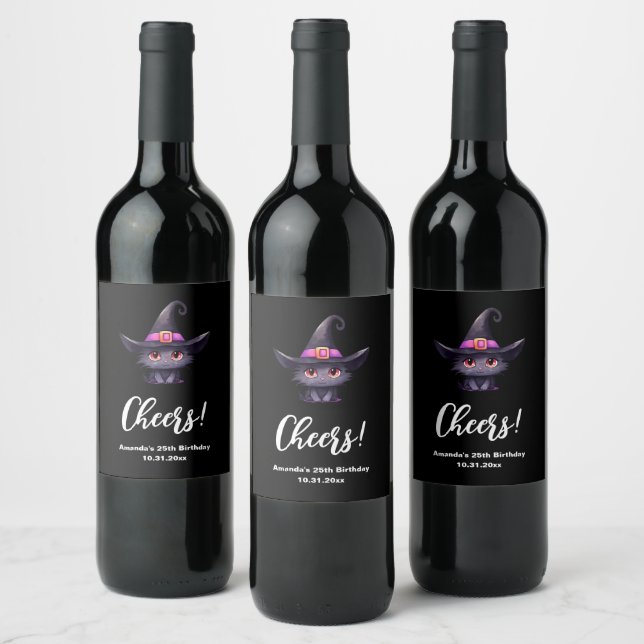 Cute Black Cat Wearing a Witch's Hat Birthday Wine Label (Bottles)