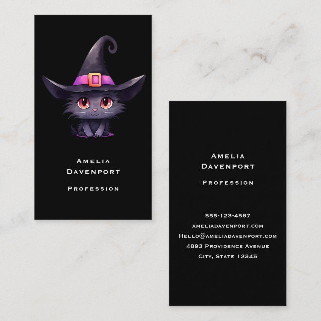 Cute Black Cat Wearing a Witch's Hat Business Card (Front/Back)