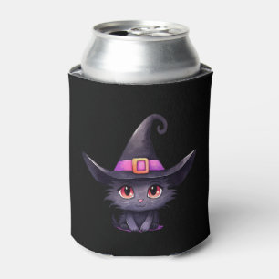 Cute Black Cat Wearing a Witch's Hat Can Cooler