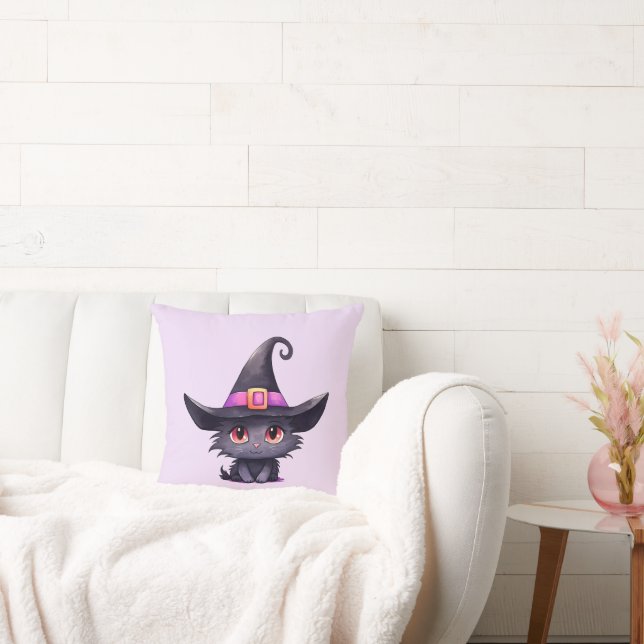 Cute Black Cat Wearing a Witch's Hat Cushion (Couch)