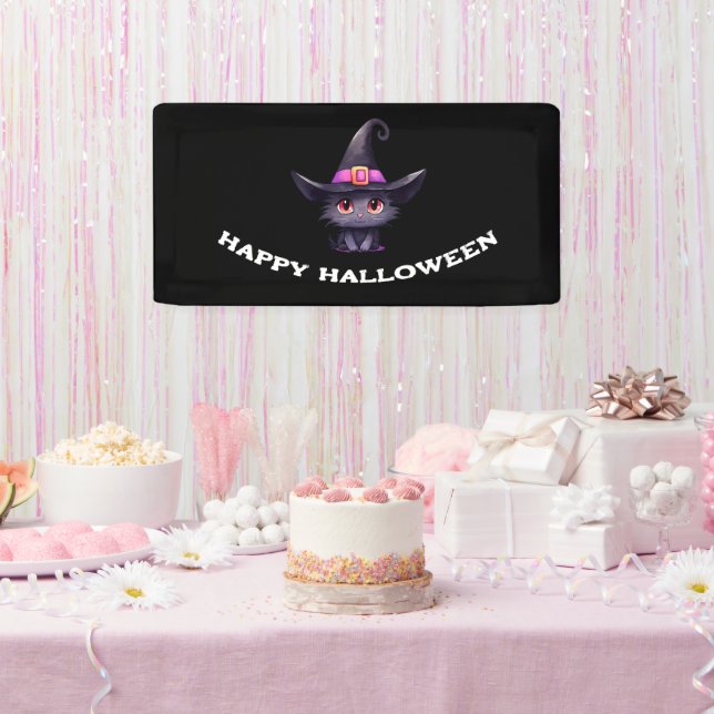 Cute Black Cat Wearing a Witch's Hat Halloween Banner (Party)