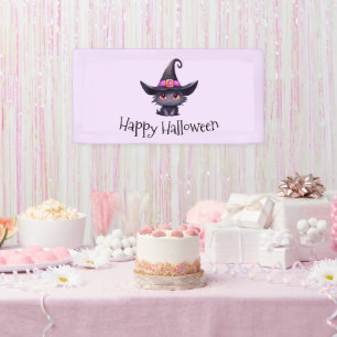 Cute Black Cat Wearing a Witch's Hat Halloween Banner