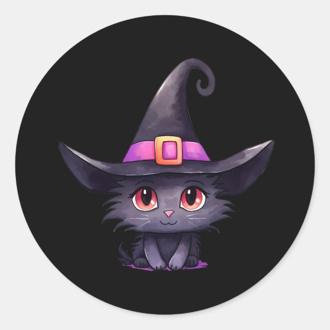 Cute Black Cat Wearing a Witch's Hat Halloween Classic Round Sticker (Front)