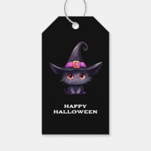 Cute Black Cat Wearing a Witch's Hat Halloween Gift Tags