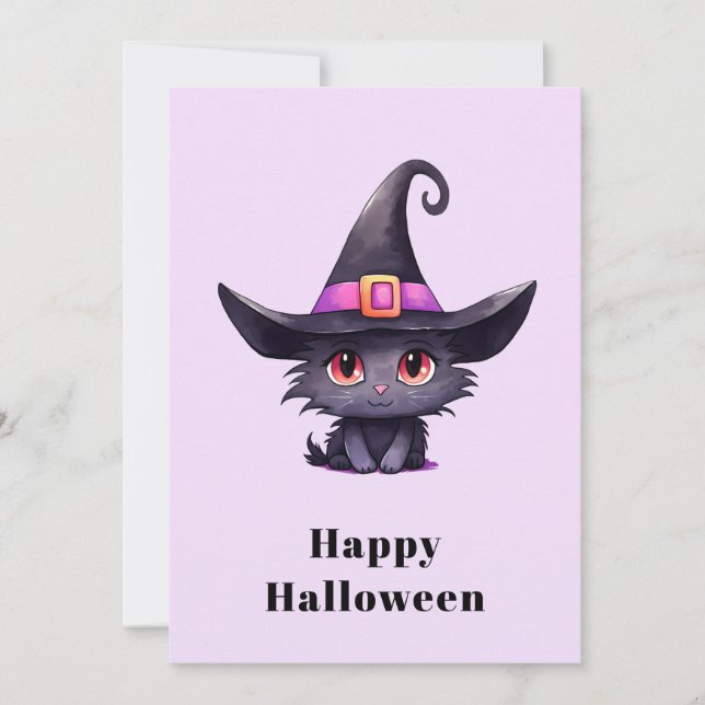  Cute Black Cat Wearing a Witch's Hat Halloween Holiday Card (Front)