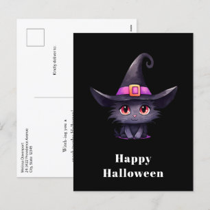 Cute Black Cat Wearing a Witch's Hat Halloween Holiday Postcard