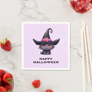 Cute Black Cat Wearing a Witch's Hat Halloween Napkin