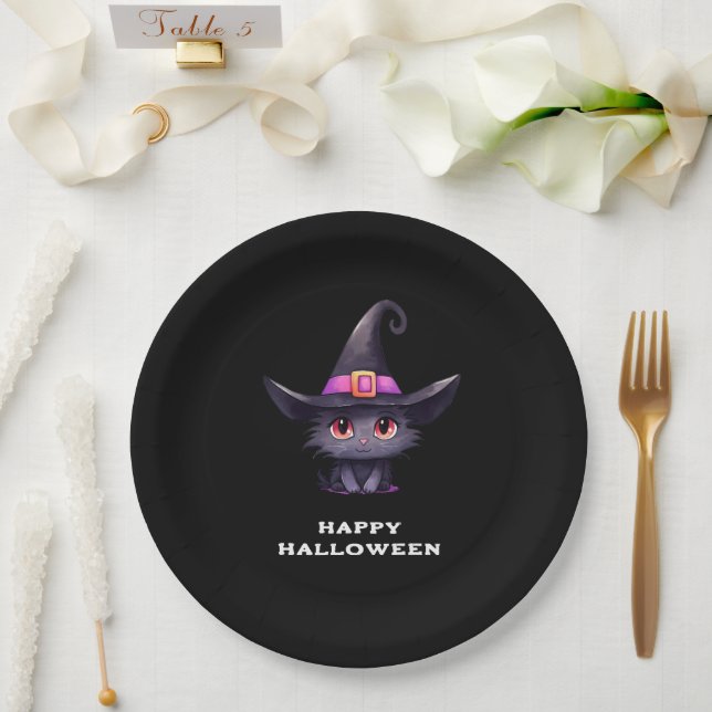 Cute Black Cat Wearing a Witch's Hat Halloween Paper Plate (Wedding)