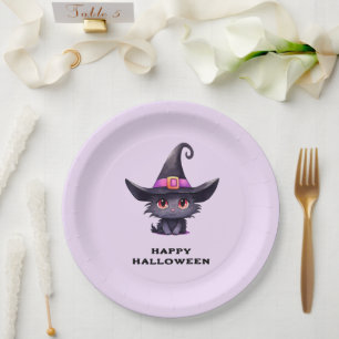 Cute Black Cat Wearing a Witch's Hat Halloween Paper Plate