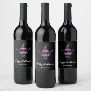 Cute Black Cat Wearing a Witch's Hat Halloween Wine Label
