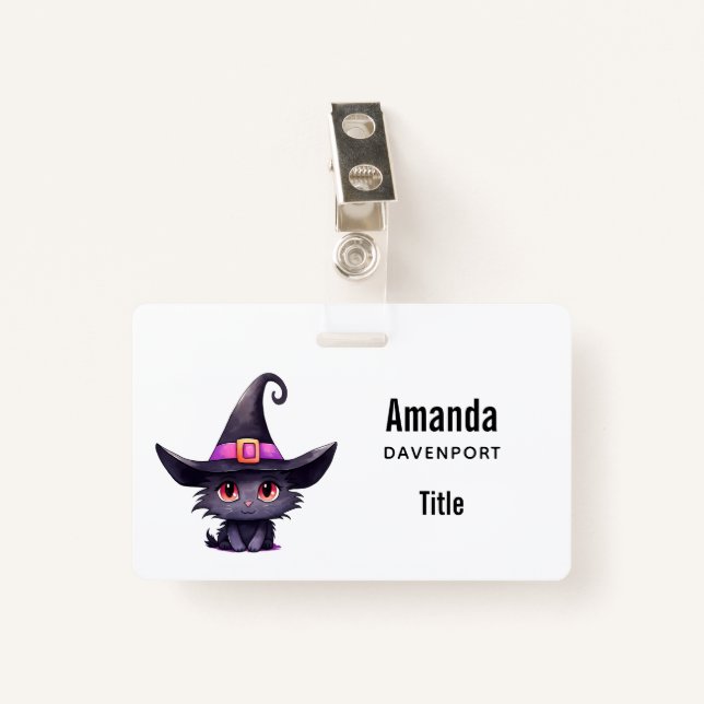Cute Black Cat Wearing a Witch's Hat ID Badge (Front with Clip)